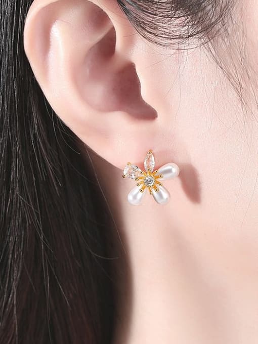BLING SU Brass Imitation Pearl Flower Minimalist Stud Earring 1