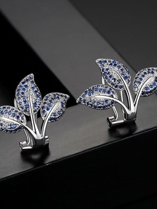 Blue zirconium Plated Platinum Copper Cubic Zirconia Leaf Dainty Clip Earring
