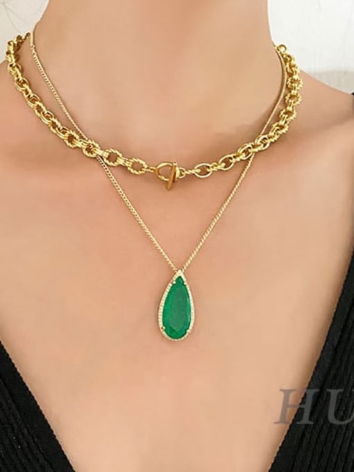 chain Brass  Glass Stone Luxury Water Drop  Earring and Necklace Set