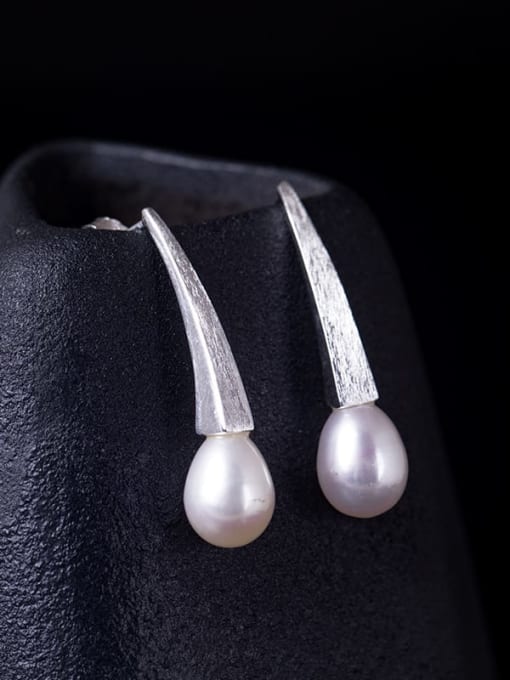 SILVER MI 925 Sterling Silver Imitation Pearl Geometric Minimalist Drop Earring 0