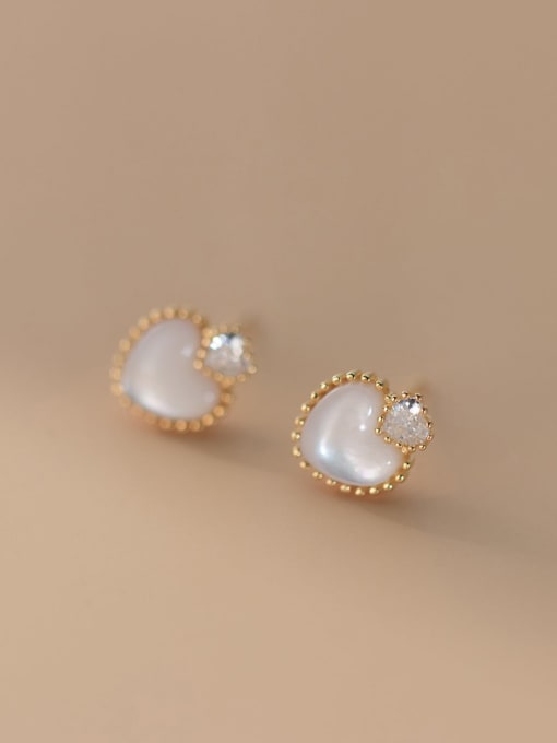 Gold White Diamonds 925 Sterling Silver Shell Heart Minimalist Stud Earring