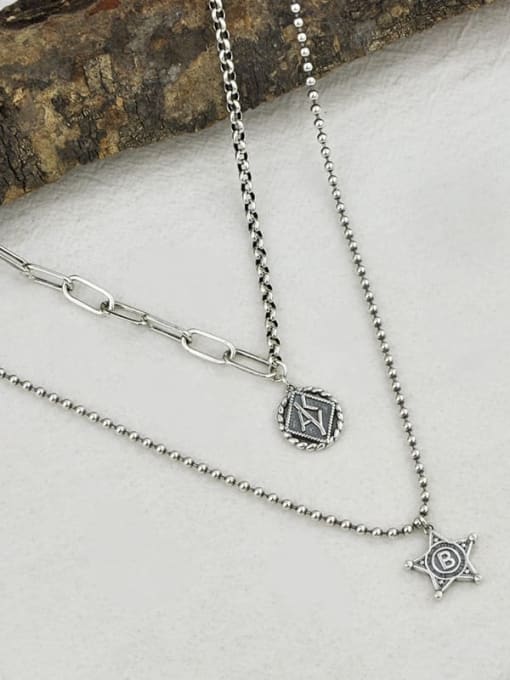 SHUI Vintage Sterling Silver With Antique Silver Plated Trendy Geometric Multi Strand Necklaces 0