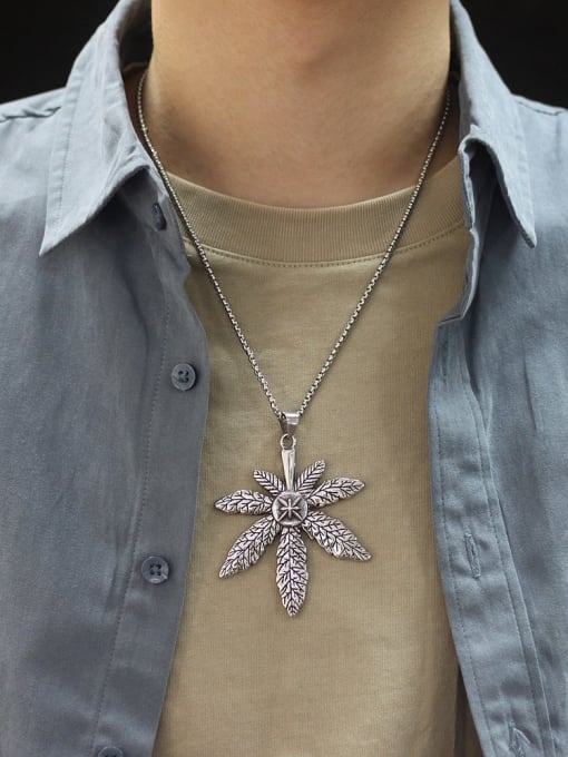 Open Sky Titanium Steel Maple Leaf Pendant Vintage Man Necklace 1