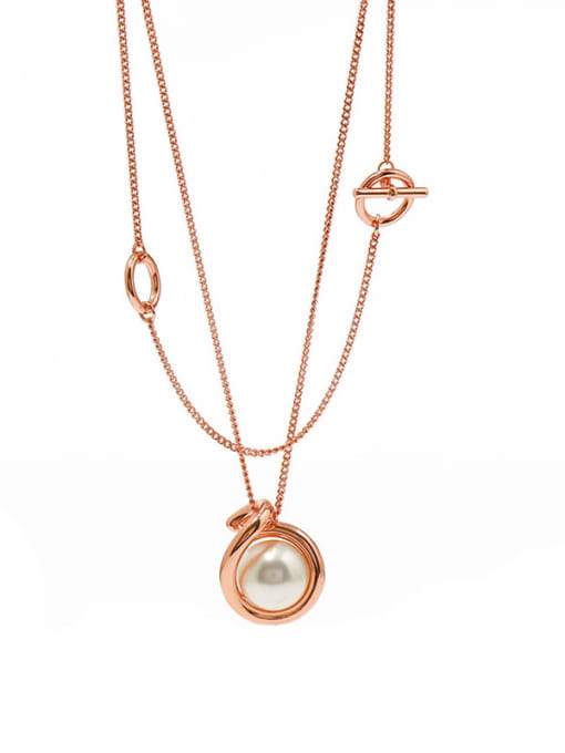 rose Copper Imitation Pearl White Round Minimalist Multi Strand Necklace