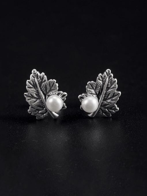 SILVER MI 925 Sterling Silver Imitation Pearl Leaf Vintage Stud Earring 1