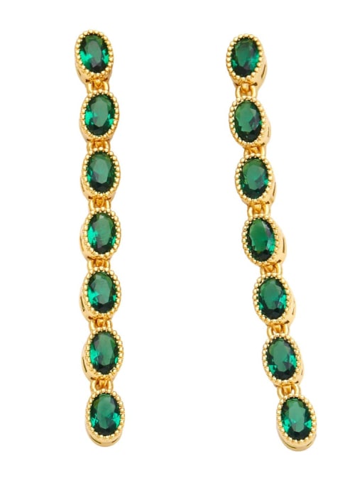 green Brass Glass Stone Multi Color Tassel Minimalist Drop Earring