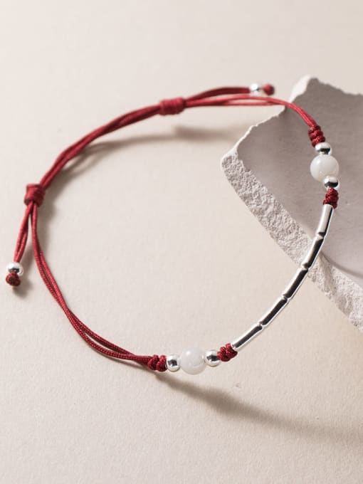 Bracelet Dark Red Jade Bead Style 925 Sterling Silver Geometric Minimalist Handmade Weave Bracelet