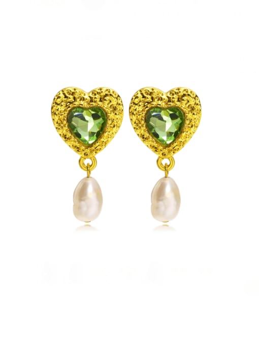 Green Brass Cubic Zirconia Heart Vintage Drop Earring