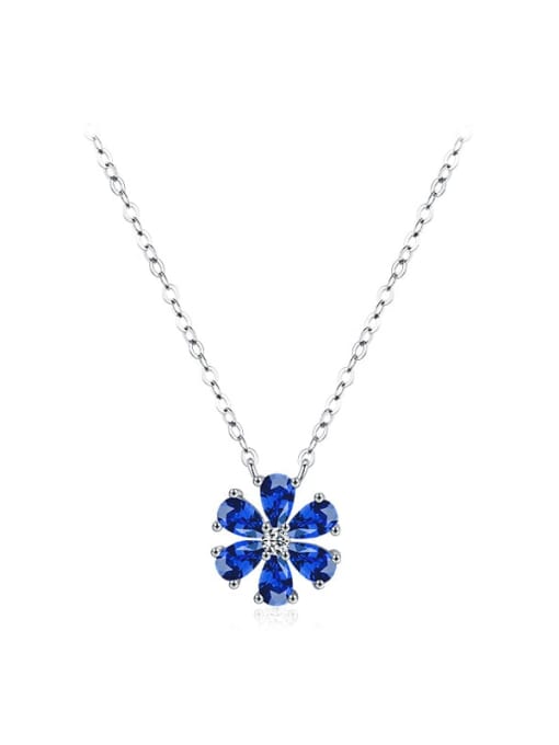 RHN977 Blue 925 Sterling Silver Cubic Zirconia Flower Classic Pendant Necklace