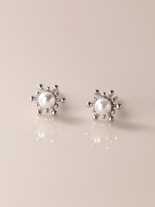 Rosh 925 Sterling Silver Imitation Pearl Flower Minimalist Stud Earring 2
