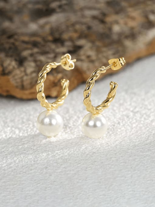 Golden C-shaped  twist Earrings Brass Imitation Pearl Geometric Minimalist Huggie Earring
