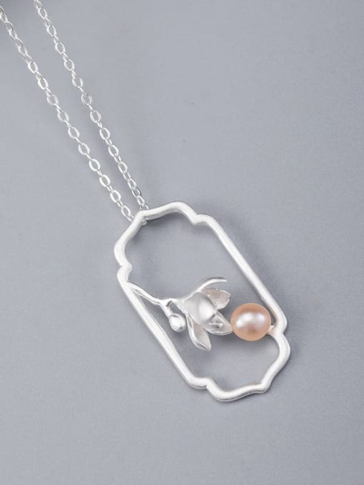 SILVER MI 925 Sterling Silver Imitation Pearl Flower Minimalist Necklace 2