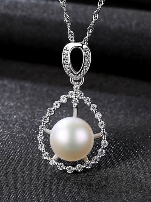 White 6D04 925 Sterling Silver 3A Zircon Freshwater Pearl Pendant Necklace
