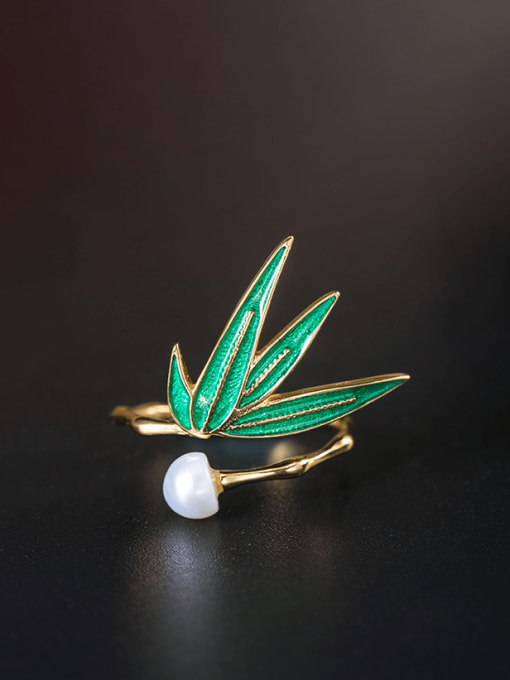SILVER MI 925 Sterling Silver Imitation Pearl Enamel Vintage Leaf  Earring Ring and Necklace Set 1