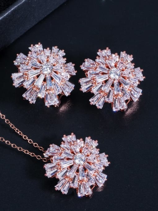 Rose gold chain Brass Cubic Zirconia Luxury Flower Earring and Necklace Set