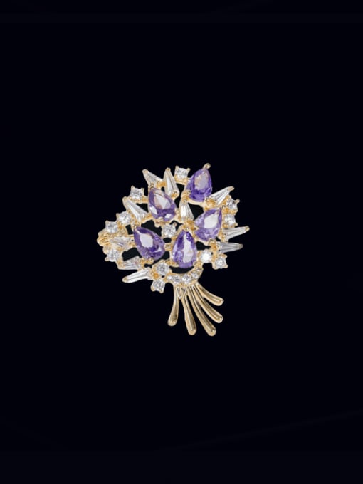 purple Brass Cubic Zirconia Flower Luxury Brooch
