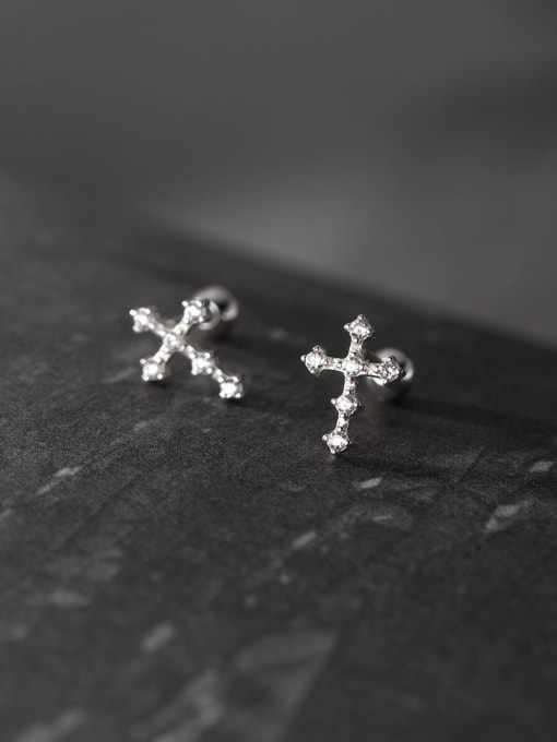 Rosh 925 Sterling Silver Cubic Zirconia Cross Minimalist Stud Earring 2