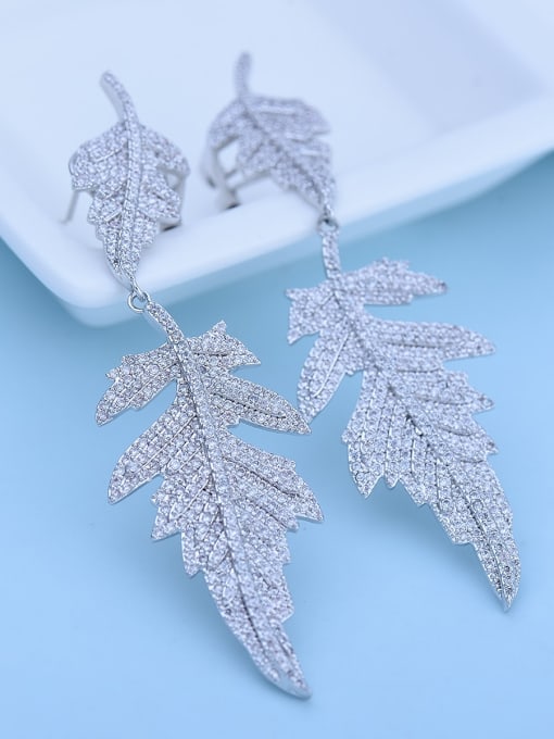 Platinum Copper Cubic Zirconia Leaf Luxury Chandelier Earring
