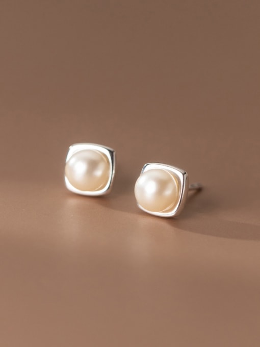 Rosh 925 Sterling Silver Imitation Pearl Square Minimalist Stud Earring 0