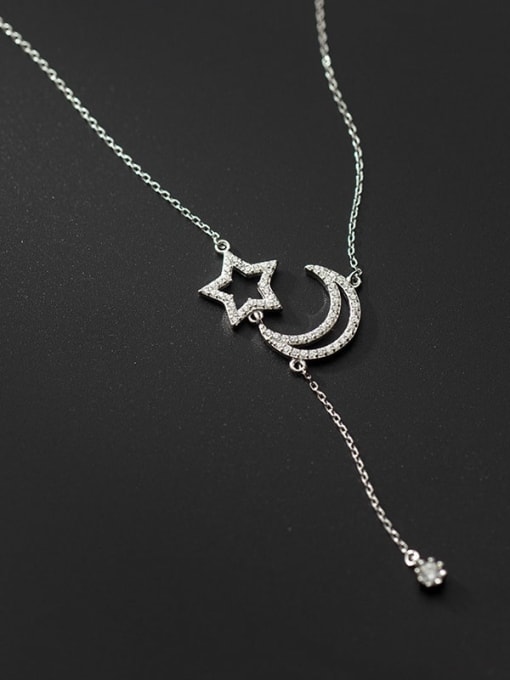 Rosh 925 Sterling Silver Cubic Zirconia  Minimalist Stars Moon Tassel Lariat Necklace 1