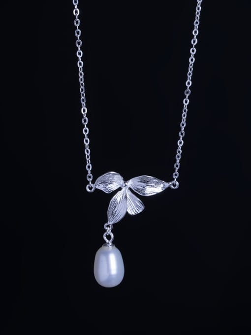 SILVER MI 925 Sterling Silver Freshwater Pearl Flower Vintage Necklace 0
