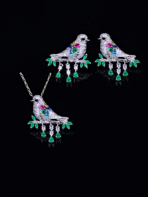 platinum Brass Cubic Zirconia  Cute Bird Earring and Necklace Set
