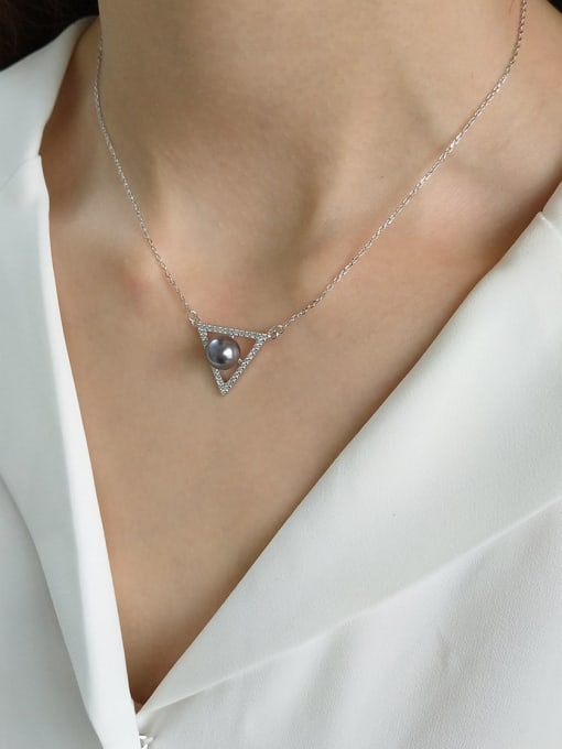 Boomer Cat 925 Sterling Silver Imitation Pearl Gray Triangle Minimalist Initials Necklace 1