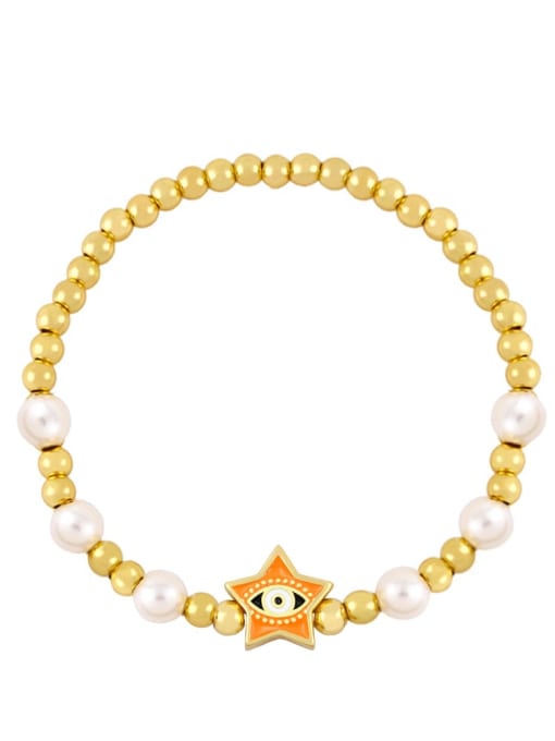 orange Brass Imitation Pearl Enamel Evil Eye Vintage Beaded Bracelet