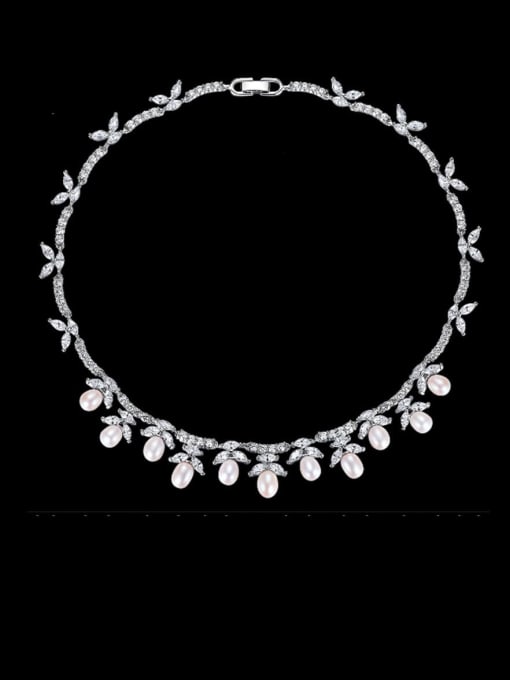 BLING SU Copper Imitation Pearl Leaf Luxury Choker Necklace 0