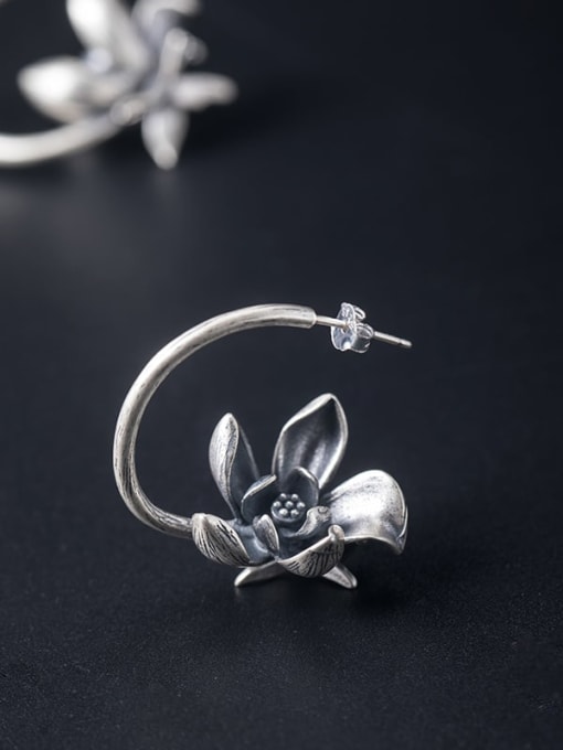 SILVER MI 925 Sterling Silver Flower Vintage Hook Earring 1