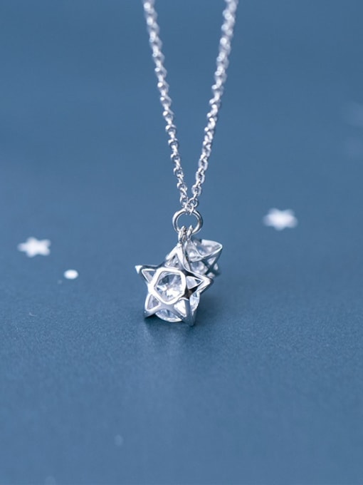 Rosh 925 Sterling Silver Cubic Zirconia simple multi diamond Pentagram fashion hollow Necklace 2