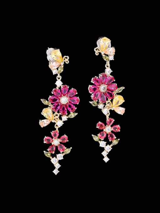 Rose red Brass Cubic Zirconia Flower Luxury Cluster Earring