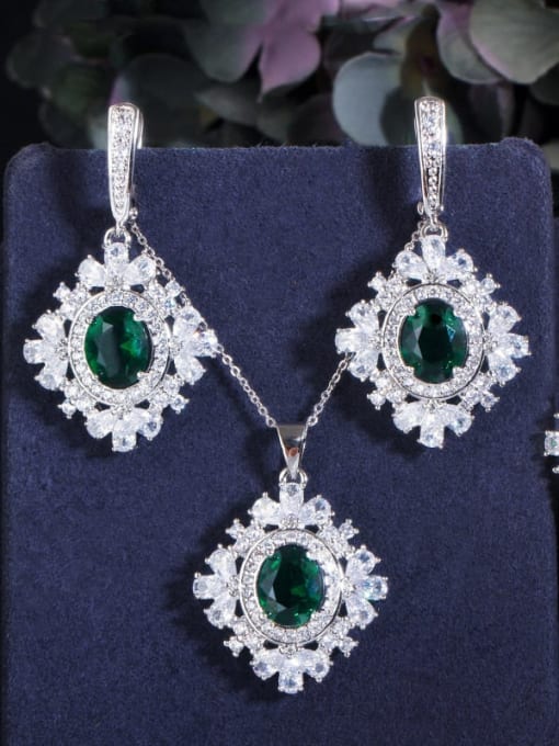 Green Size 6 three piece set Copper Cubic Zirconia Luxury Geometric Earring Ring and Necklace Set
