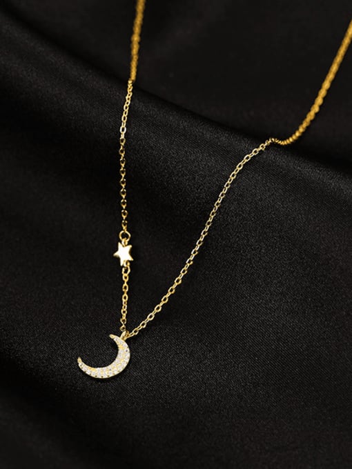 NS963  Gold 925 Sterling Silver Cubic Zirconia Moon Minimalist Necklace