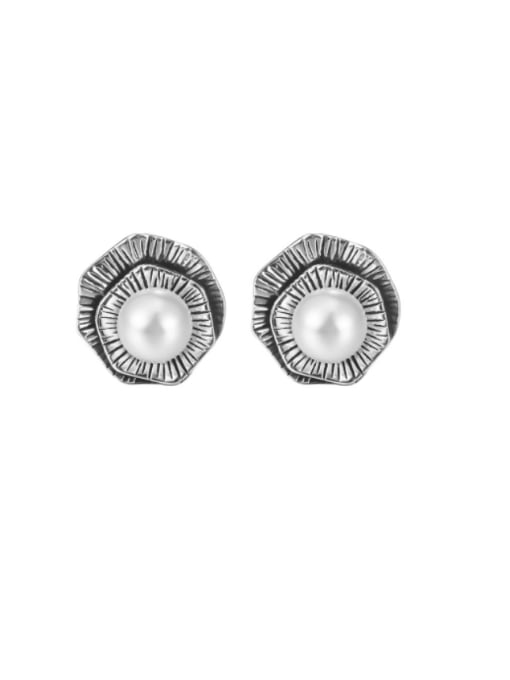 Beizhu Lotus Earrings 925 Sterling Silver Imitation Pearl Flower Vintage Stud Earring