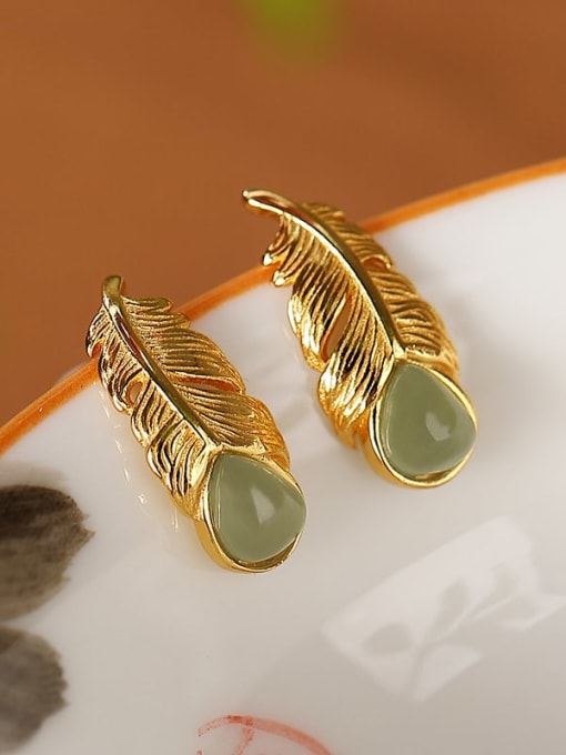 DEER 925 Sterling Silver Jade Leaf Vintage Stud Earring 3