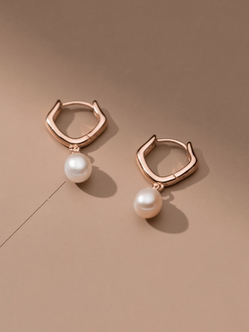 Rose Gold 925 Sterling Silver Imitation Pearl Geometric Minimalist Huggie Earring
