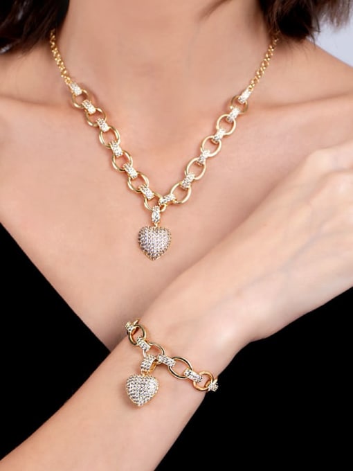 Gold suit (bracelet necklace) Brass Cubic Zirconia Luxury Heart Braclete and Necklace Set