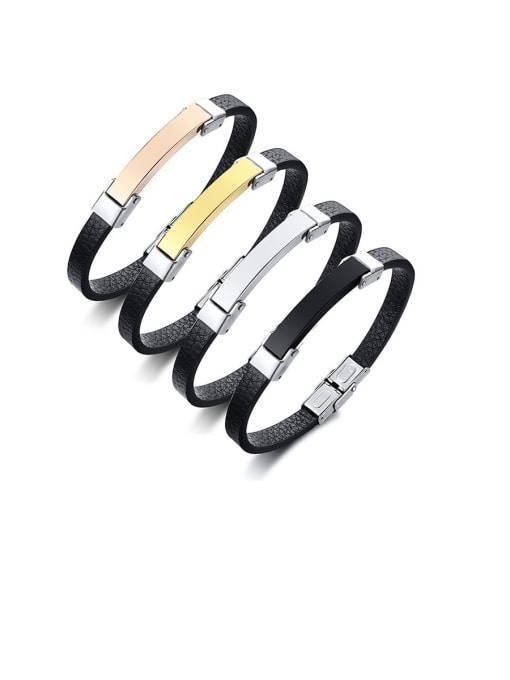 CONG Titanium Black Leather Geometric Minimalist Band Bracelets