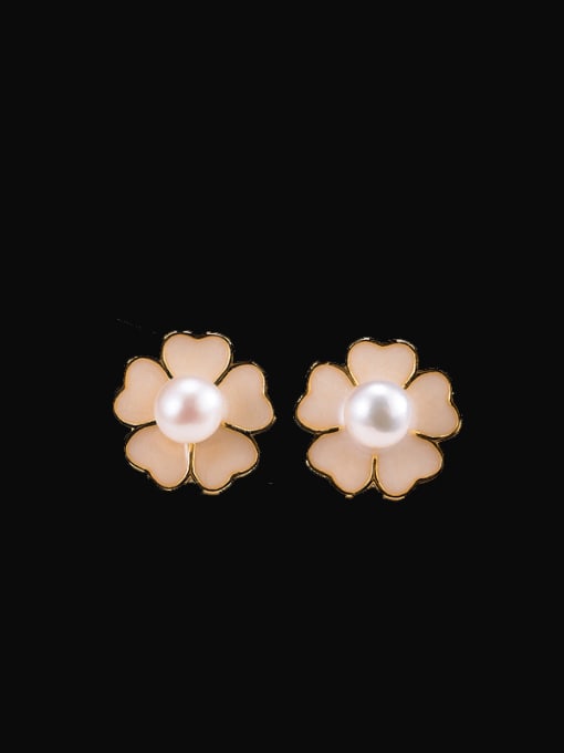 SILVER MI 925 Sterling Silver Imitation Pearl Enamel Flower Minimalist Stud Earring 2