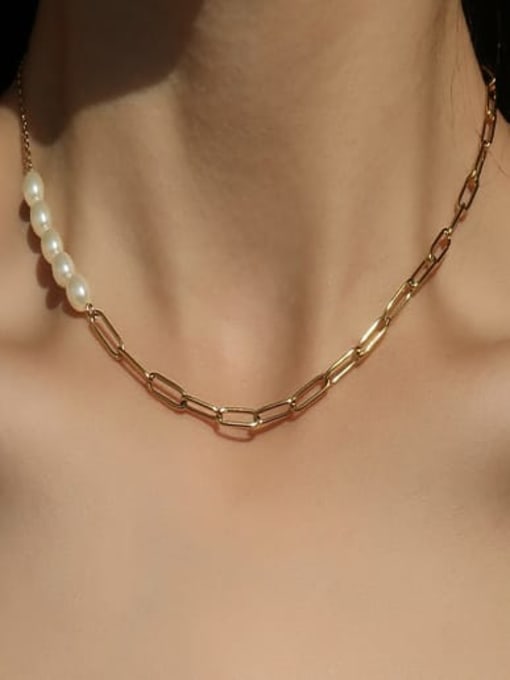 A TEEM Titanium Steel Freshwater Pearl Irregular Minimalist Necklace 1