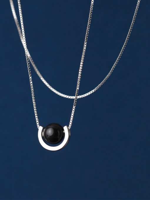 Rosh 925 Sterling Silver Obsidian U Shape Geometric Minimalist Necklace 0