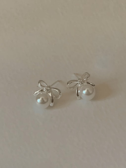 Boomer Cat 925 Sterling Silver Imitation Pearl Bowknot Vintage Stud Earring 2