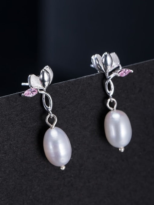 SILVER MI 925 Sterling Silver Imitation Pearl Flower Vintage Drop Earring 2