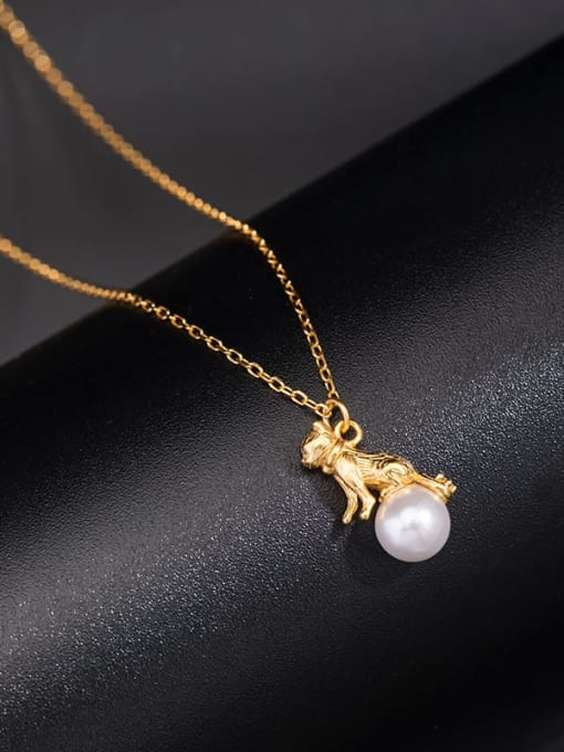 SILVER MI 925 Sterling Silver Imitation Pearl Cat Cute Necklace 1