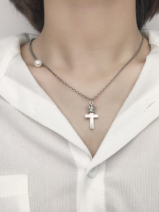 SHUI Vintage Sterling Silver With Antique Silver Plated Simplistic Cross Necklaces 1