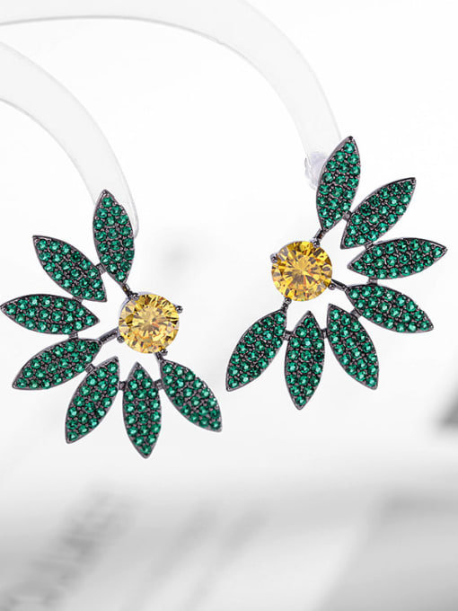 Golden +green Brass Cubic Zirconia Flower Luxury Stud Earring