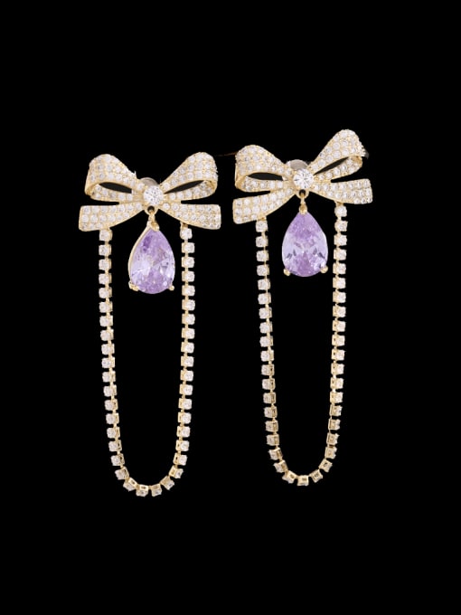 purple Brass Cubic Zirconia Bowknot Tassel Luxury Earring