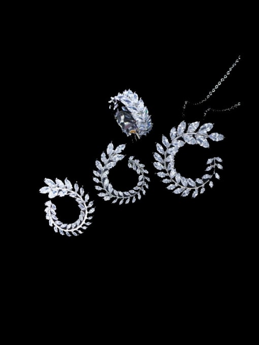 White US 7 Brass Cubic Zirconia Luxury Leaf Earring and Necklace Set