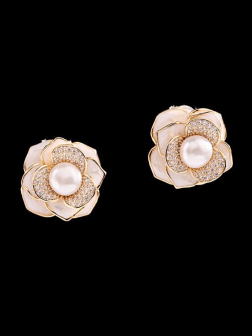 golden Brass Cubic Zirconia Shell Flower Artisan Stud Earring